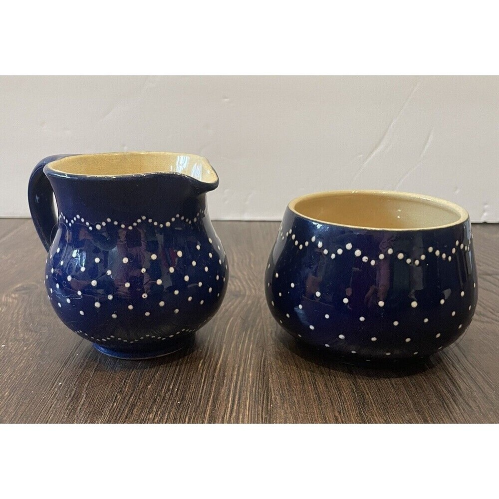 Vintage Burgel Cream Pitcher & Bowl Henkel Blue White Englobe Thuringia 3.5" H